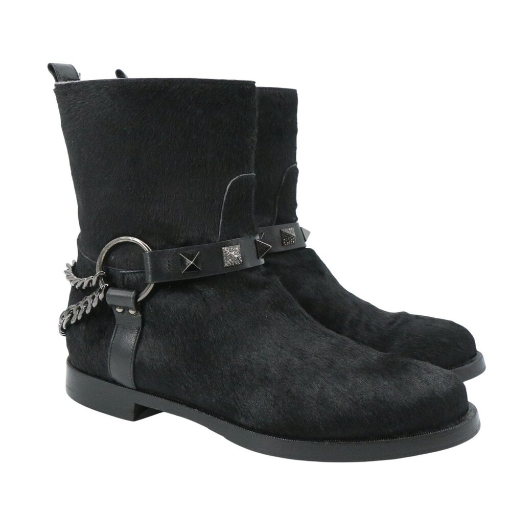 Le Silla Black Leather Studded Chains Pony Hair Biker Boots 38 US 8